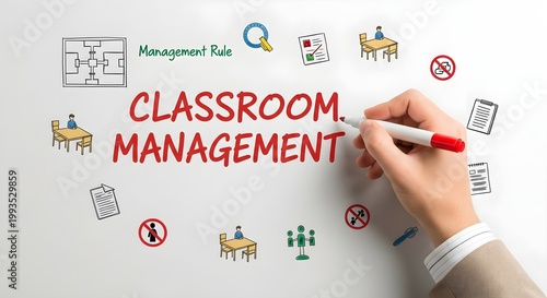classroom management concept with hand holding marker and educational icons