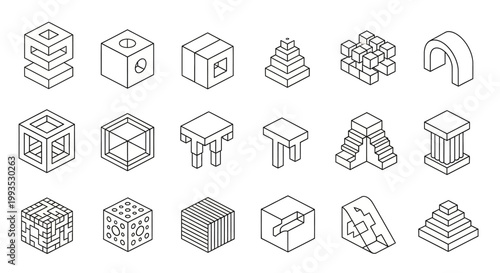 Collection of 3D geometric shapes icons.