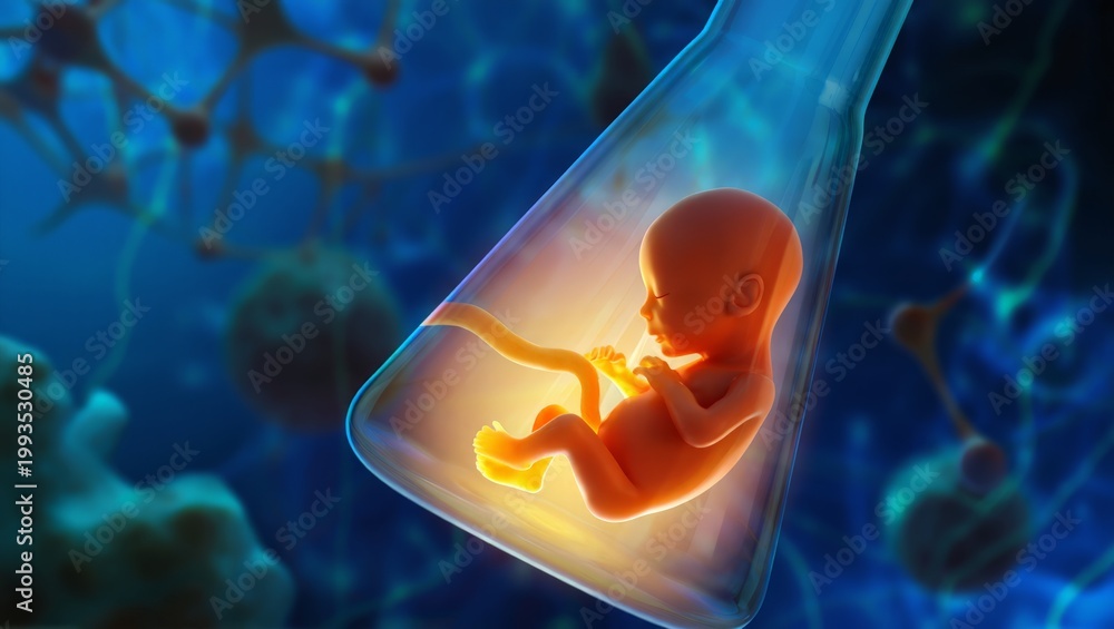 Naklejka premium A highly detailed and realistic of a fetus in a test tube, representing IVF technology and medical advancements in reproductive health and fertility treatments.