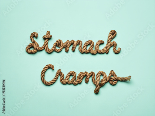 the words Stomach Cramps in a script font with the letters made from thick knotted rope to illustrate IBS pain in a creative typographical way