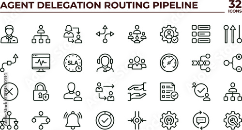 Agent delegation routing pipeline line icon set illustrating task assignment workflow automation scheduling coordination management business process vector symbols