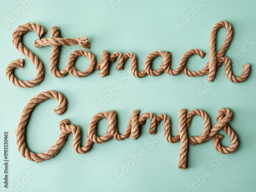 the words Stomach Cramps in a script font with the letters made from thick knotted rope to illustrate IBS pain in a creative typographical way