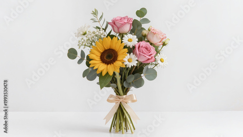 bouquet of flowers,
Vibrant bouquet with sunflowers and roses.
Champagne satin ribbon tied in bow.
Cheerful yellow sunflower central focal point.
Rustic eucalyptus adds modern greenery.
