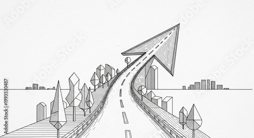 Architectural drawing of a futuristic bridge leading to a city skyline.