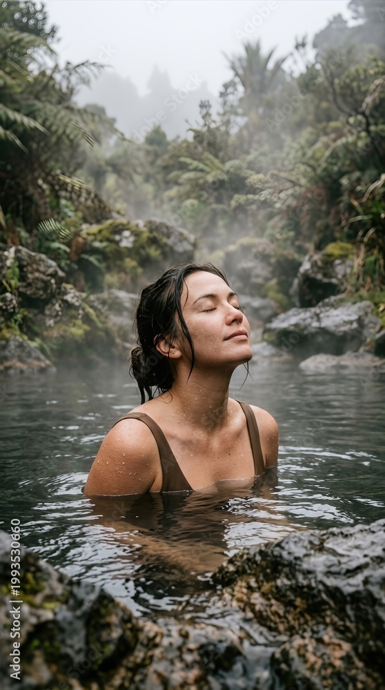 Fototapeta premium A serene woman enjoying a therapeutic soak in a natural misty hot spring surrounded by lush tropical vegetation in a tranquil and rejuvenating outdoor wellness sanctuary.