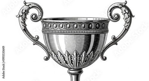 Antique ornate silver trophy cup with handles.