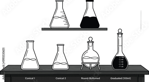 Laboratory Glassware Icon Set with Flasks on Shelf, Chemistry Equipment Collection, Science Experiment Containers, Measurement Symbols, Outline Vector Illustration Design