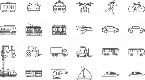 Transportation and vehicle line icons set with cars, trains, trucks, aircraft and mobility symbols isolated on white background for travel and logistics design concepts