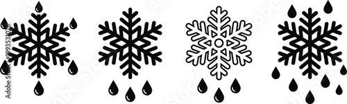 Snowflake Icon Set with Rain Drops, Winter Weather Symbols, Cold Season Elements, Precipitation Signs, Minimal Black Vector Illustration Collection