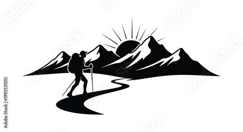 A lone hiker ascends a mountain path under a radiant sun silhouette
