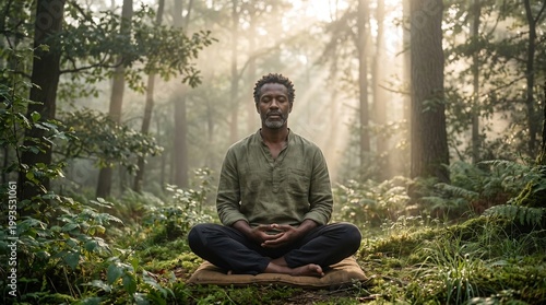 Contemplative middle-aged Black man meditating in lotus position in a misty forest at sunrise. Peaceful expression, soft golden light, and natural serenity for mental health and wellness concept.