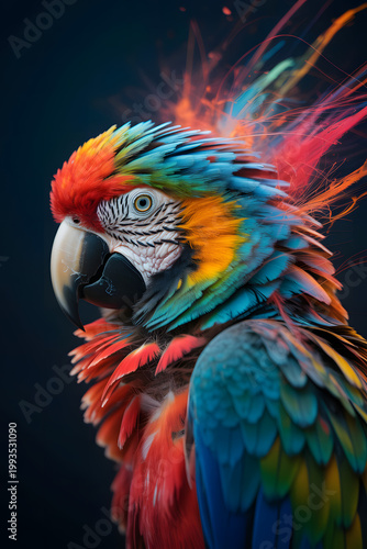 A close-up portrait of a colorful scarlet macaw parrot with explosive powder or paint bursting from its head feathers colorful feathers portrait wildlife