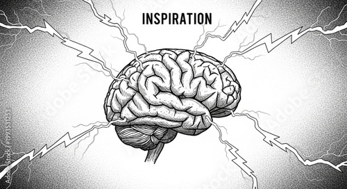 Brain with lightning bolts symbolizing inspiration and ideas.