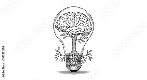 Brain Tree Growing Inside Light Bulb Symbolizing Ideas and Innovation.