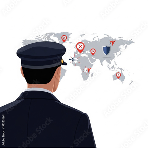 Pilot Looking at World Map with Location Pins.