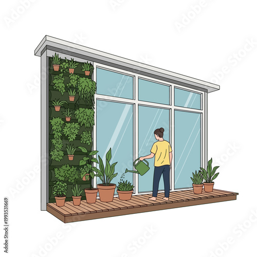 Person watering plants on a modern balcony with a vertical garden.
