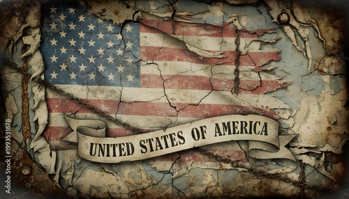 Worn American Flag Wall with Cracked Paint and Ribbon Banner United States of America