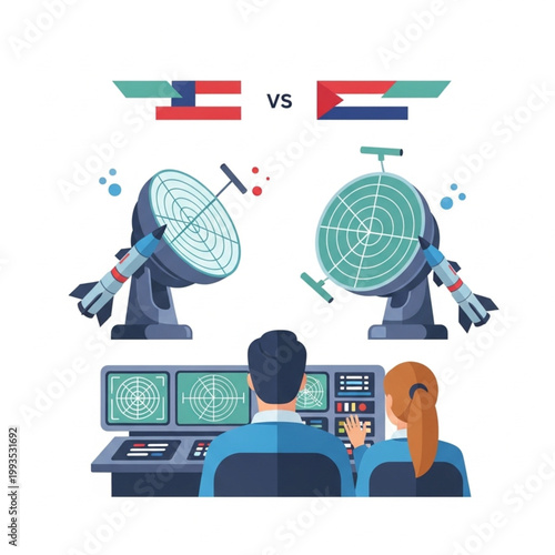 Pixel art radar station controlling missiles concept.