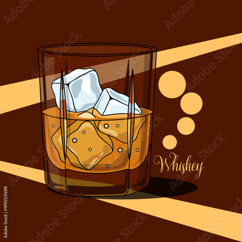 Stylish vector illustration of a crystal lowball glass filled with whiskey featuring hand-drawn ice cubes and golden colored alcoholic beverage on a dark brown background. World Whiskey Day, May 16th