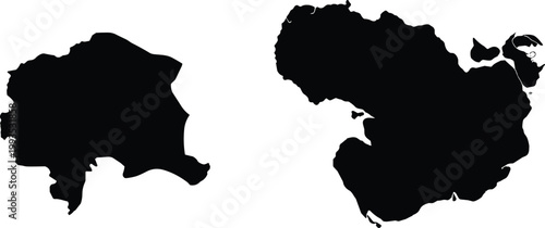 Abstract black map silhouettes isolated on white background, geographic shapes illustration, unknown landmass contours, cartography design element, minimal vector style