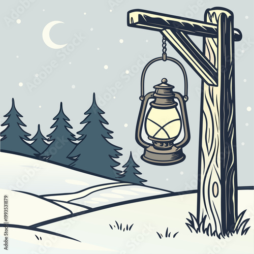 Rustic lantern on a wooden post illuminating a snowy night landscape with a crescent moon and pine forest landscape seasonal illustration outdoors peaceful serenity midnight twilight darkness
