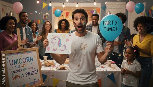 Excited Man Holding Unicorn Drawing at Colorful Birthday Party
