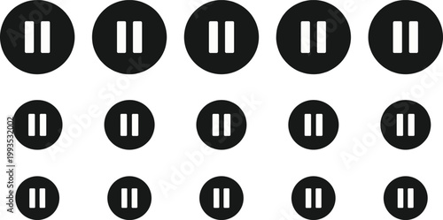 Pause Button Icon Set with Media Control Symbols, Audio Video Playback Interface Elements, Circle UI Signs, Minimal Black Vector Illustration Collection