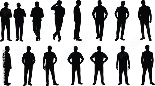 Business men silhouettes collection with formal standing poses, corporate people figures set, professional male vector illustration isolated on white background