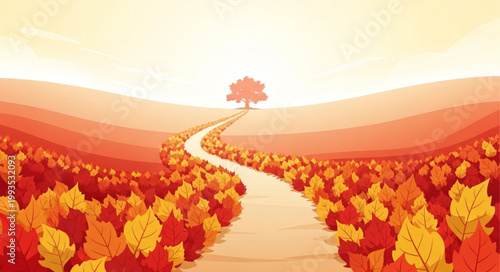 Autumn path leading to a lone tree on a hill.