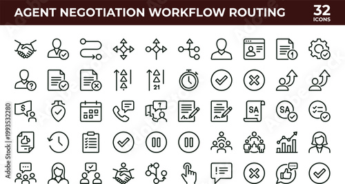 Agent negotiation workflow routing line icon set illustrating communication approval decision process management business interaction vector symbols