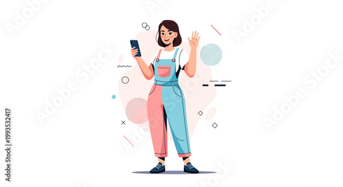 Young woman in colorful overalls waving hello on video call, modern illustration
