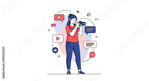 Young Woman Photographer Capturing Content with Camera, Social Media Icons