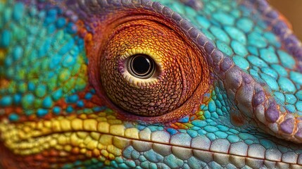 Chameleon's eye, shown close up, reveals its colorful scales. This reptile, a pet from Madagascar, is captured in a nature photo at the zoo.