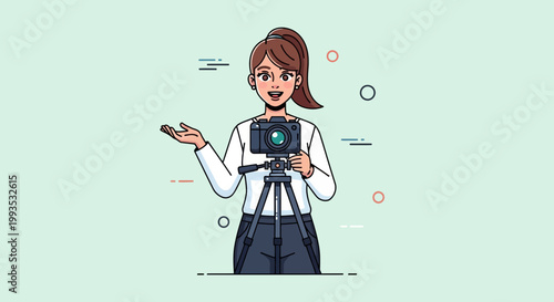 Young Woman Vlogger with Camera on Tripod, Presenting and Talking to Audience