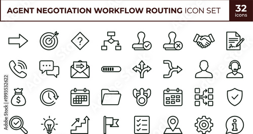 Agent negotiation workflow routing icon set featuring communication decision approval process management business interaction outline vector symbols