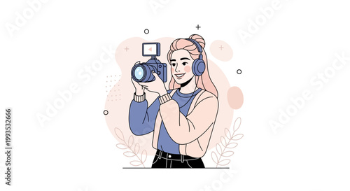 Young Woman with Camera and Headphones Recording Video, Vlogging Concept