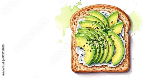 Watercolor style illustration depicts toast topped with sliced green fruit and sesame seeds on a white background