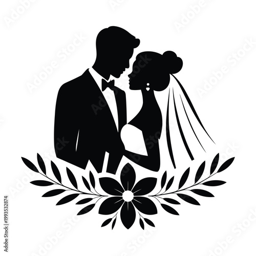 Silhouette of a bride and groom embracing, adorned with floral elements