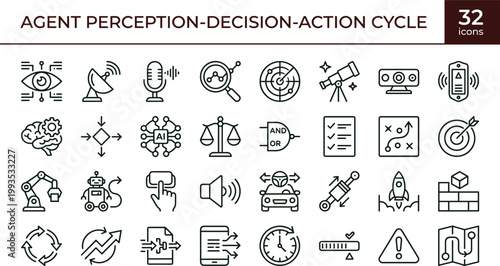 Agent perception decision action cycle icon set sensing reasoning execution robotics AI control loop outline vector collection