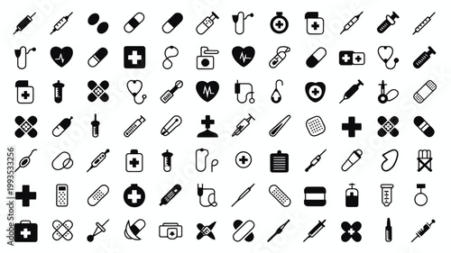 Set of 100 Black and White Medical and Healthcare Icons Vector