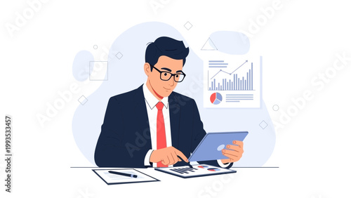 Businessman analyzing financial data on tablet and charts, modern office illustration