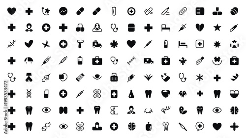 Set of 100 Black Medical Health Icons Vector