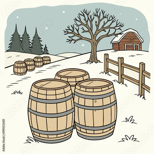 Winter rural landscape with wooden wine barrels in the snow and a barn in the distance landscape illustration agriculture container seasonal countryside farmyard production industry