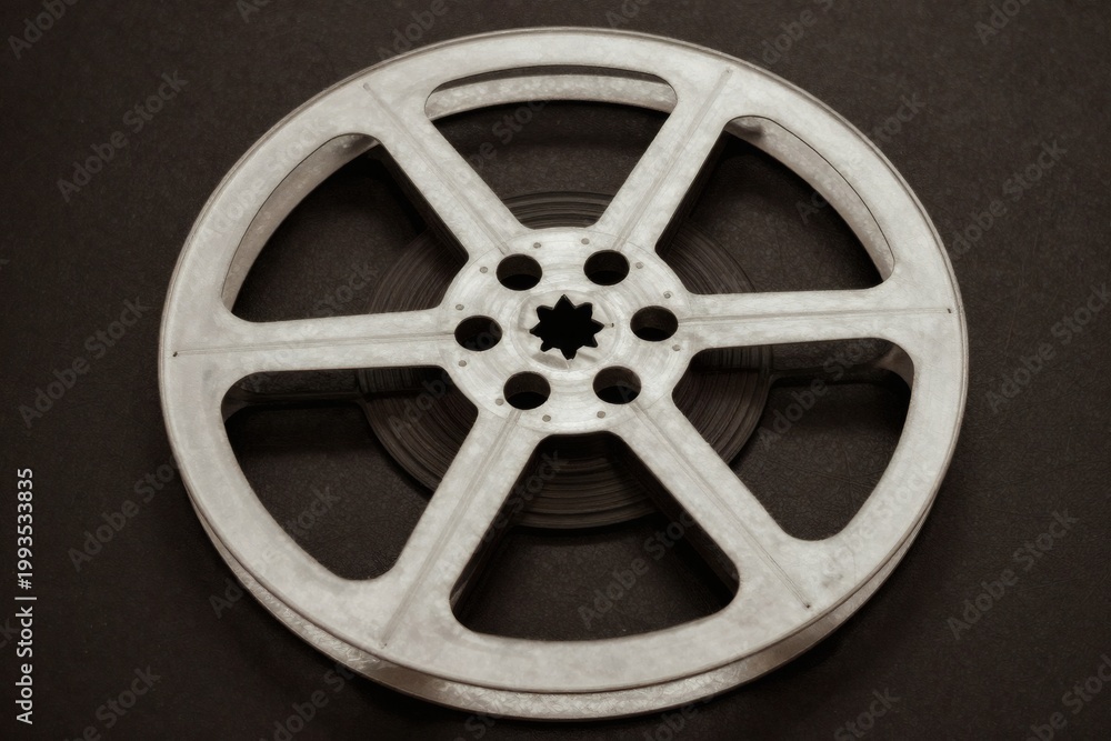 Obraz premium Vintage film reel sits on a dark brown surface with soft lighting