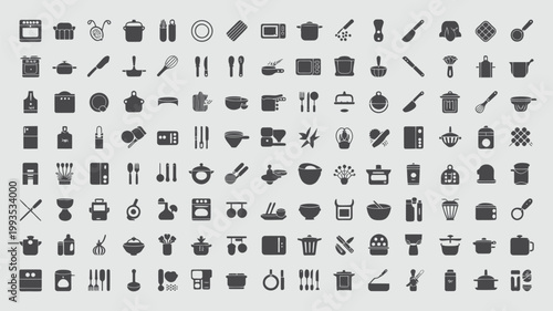 Set of 150 Gray Kitchen Utensils Cooking Tools Icons Vector