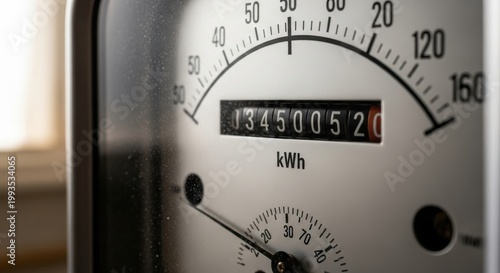 Close-up view of an electric meter displaying energy consumption in kilowatt-hours indoors.