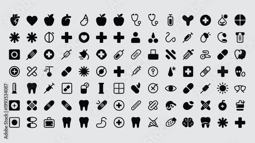 Set of 100 Black Medical and Healthcare Icons Vector
