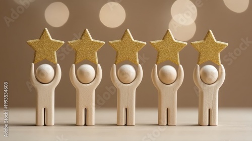 Five Wooden Peg Figures Holding Glittering Stars Against a Soft Focus Background Creating a Warm and Festive Atmosphere for Celebrations and Events