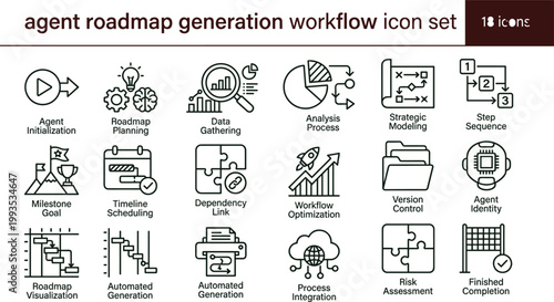 Agent roadmap generation workflow icon set milestone planning timeline scheduling dependency mapping strategic modeling outline vector collection