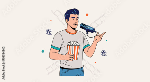 Man with Popcorn and Microphone, Podcasting and Movie Night Concept
